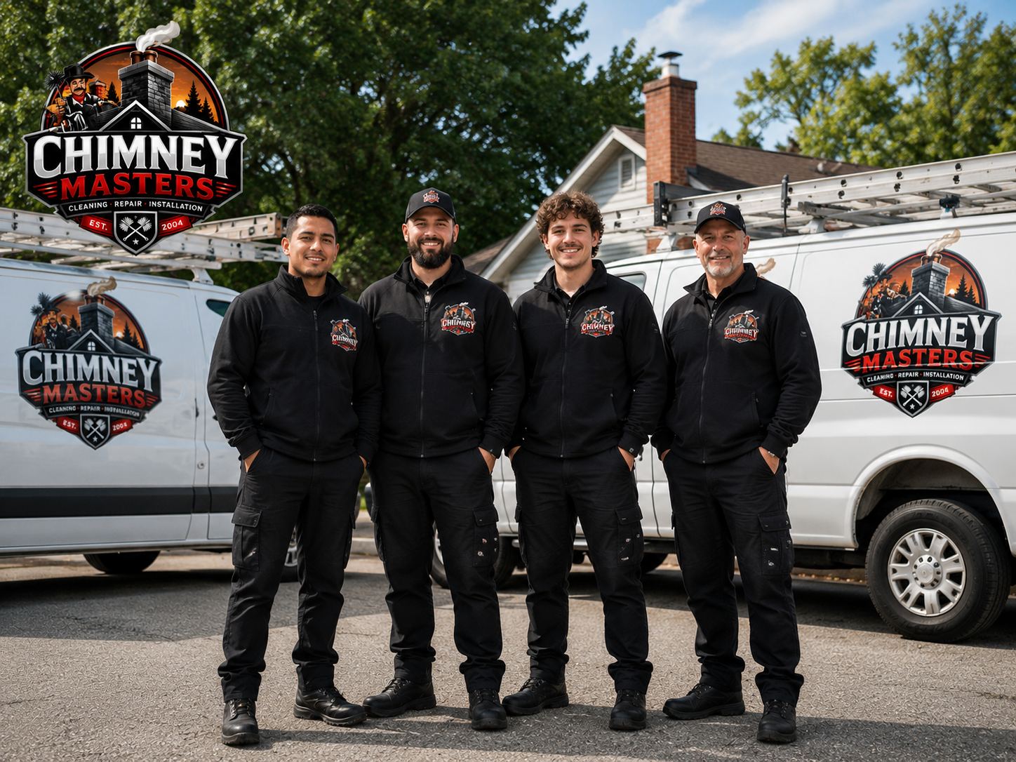 Chimney Masters crew standing in front of their service vans