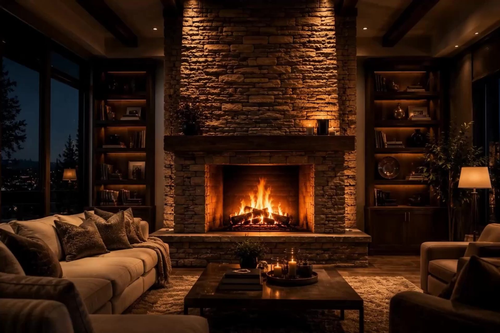 Stone fireplace burning at dusk in a renovated living room