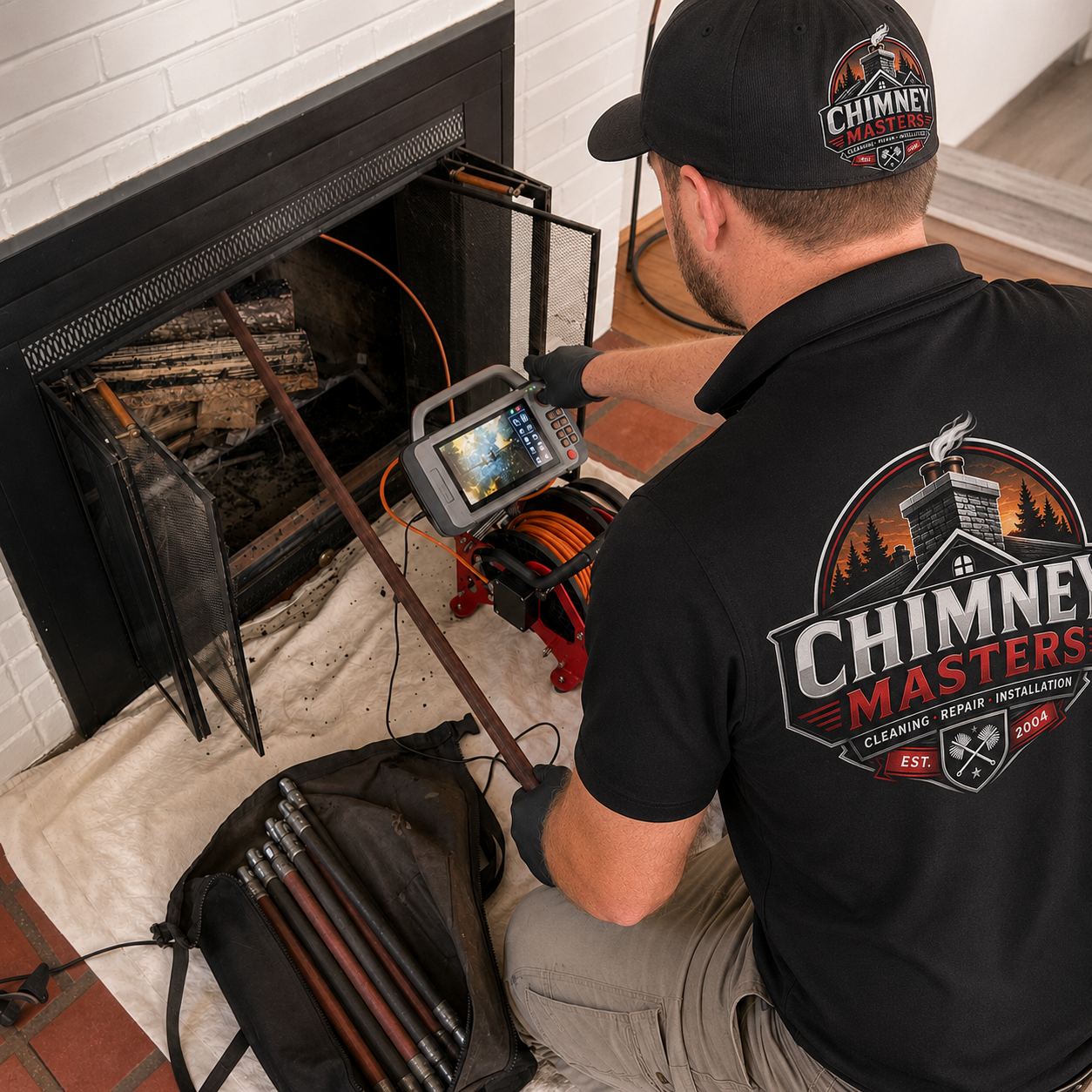 Chimney Masters technician using a video inspection camera inside a fireplace
