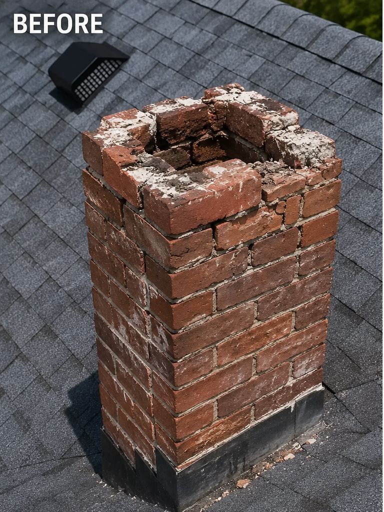 Damaged, crumbling chimney crown and brick before repair